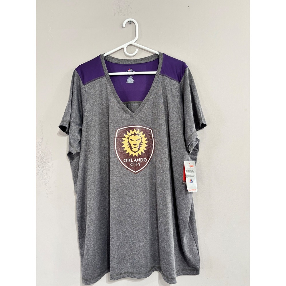 Majestic Orlando City SC MLS Womens Plus Size 2X V-Neck Top Grey Purple New